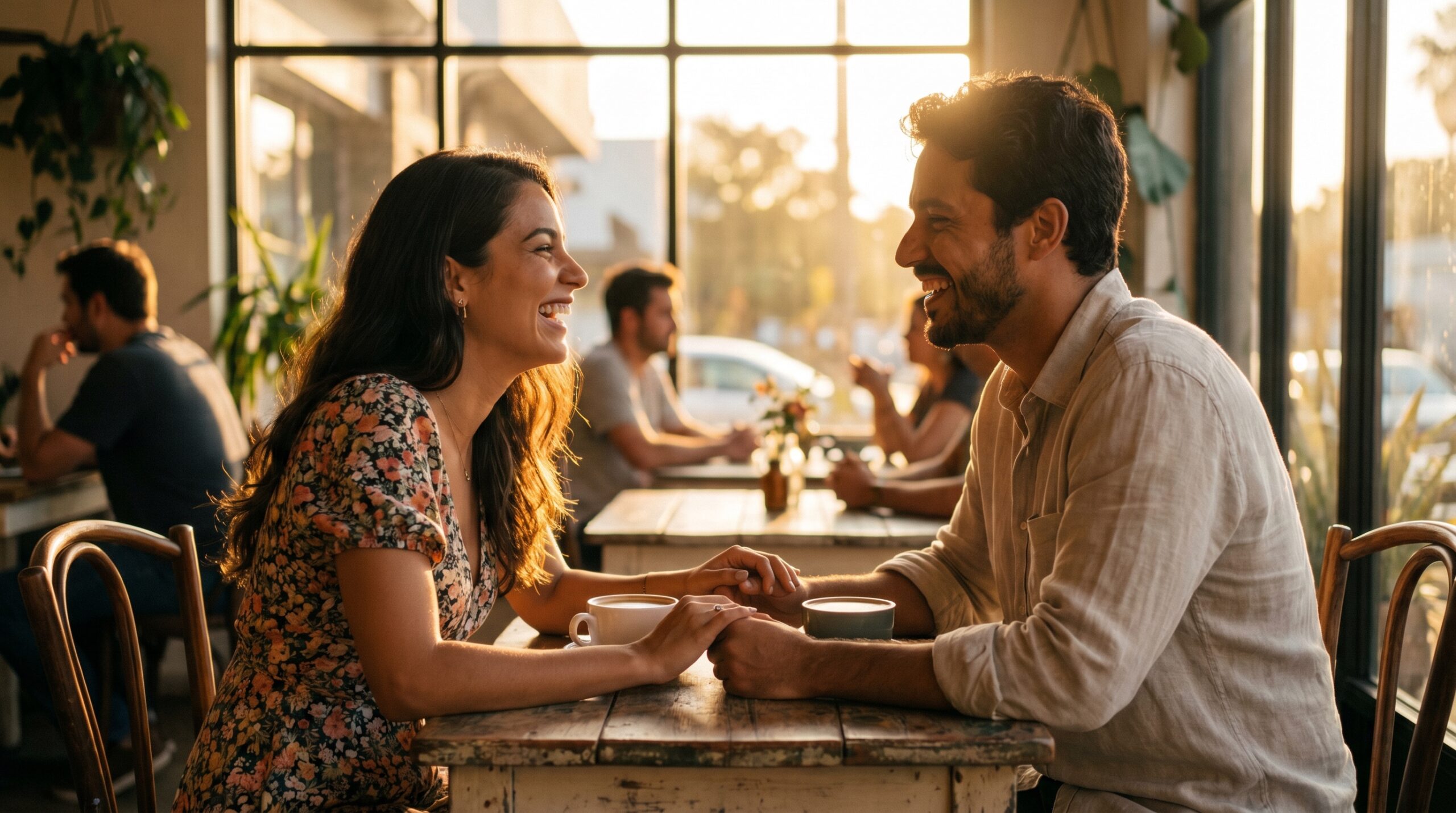Homem e mulher rindo num café com as mãos quase se tocando — a ambiguidade da amizade colorida