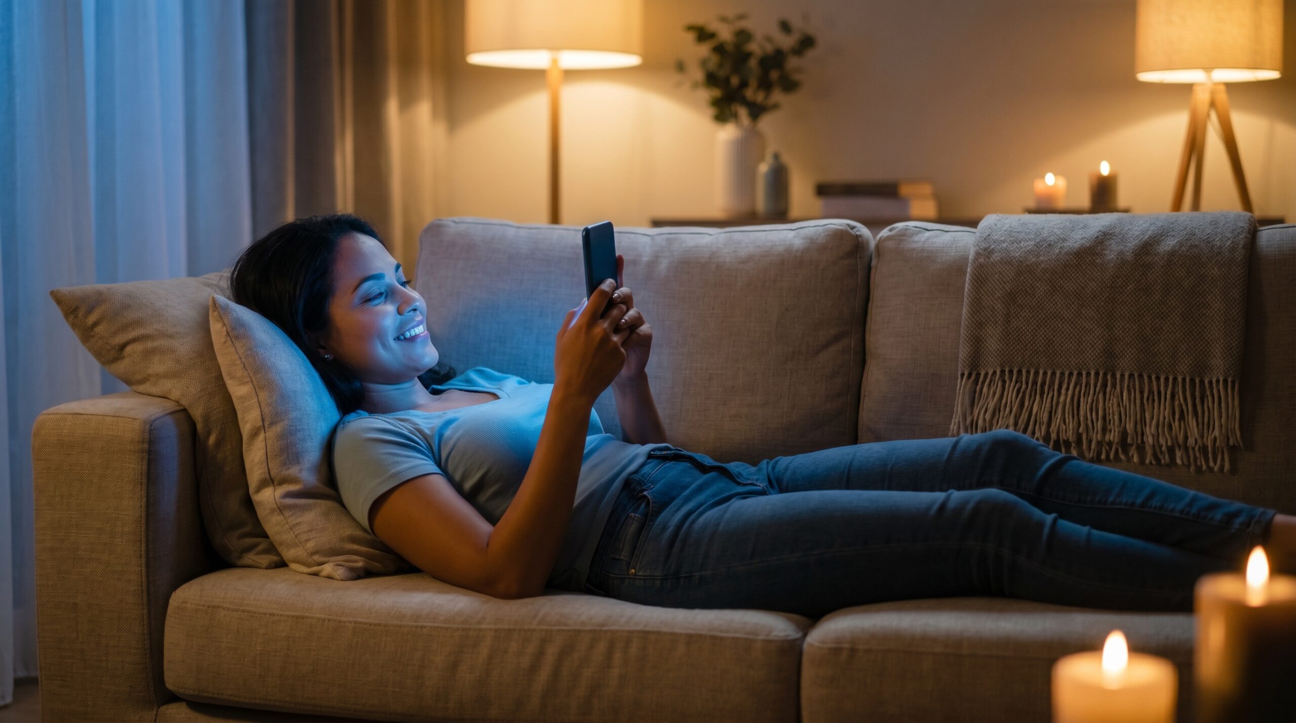Mulher sorrindo para o celular no sofá com o lugar ao lado vazio — apego à inteligência artificial