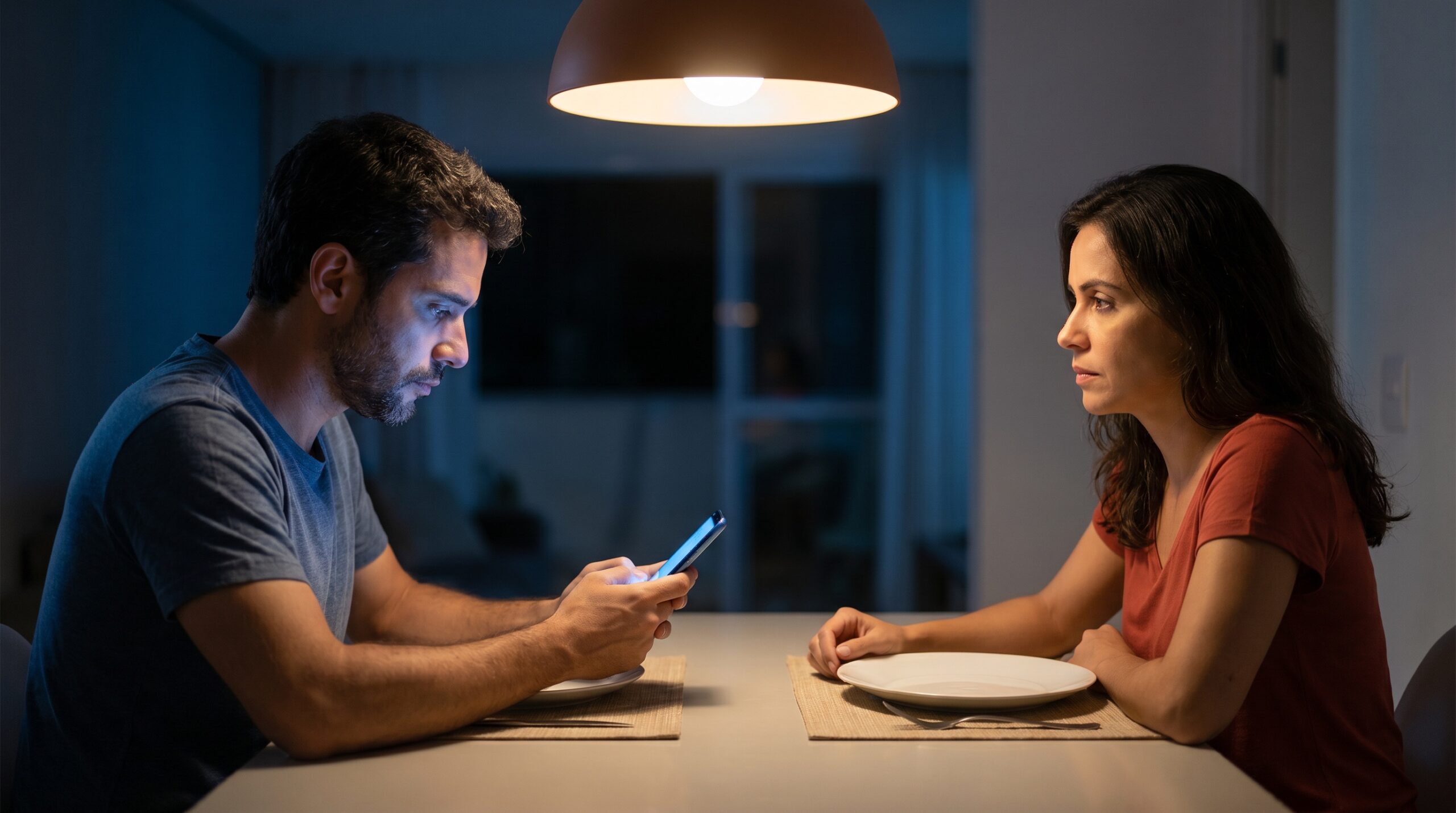 Casal distraído pelo celular representando o phubbing