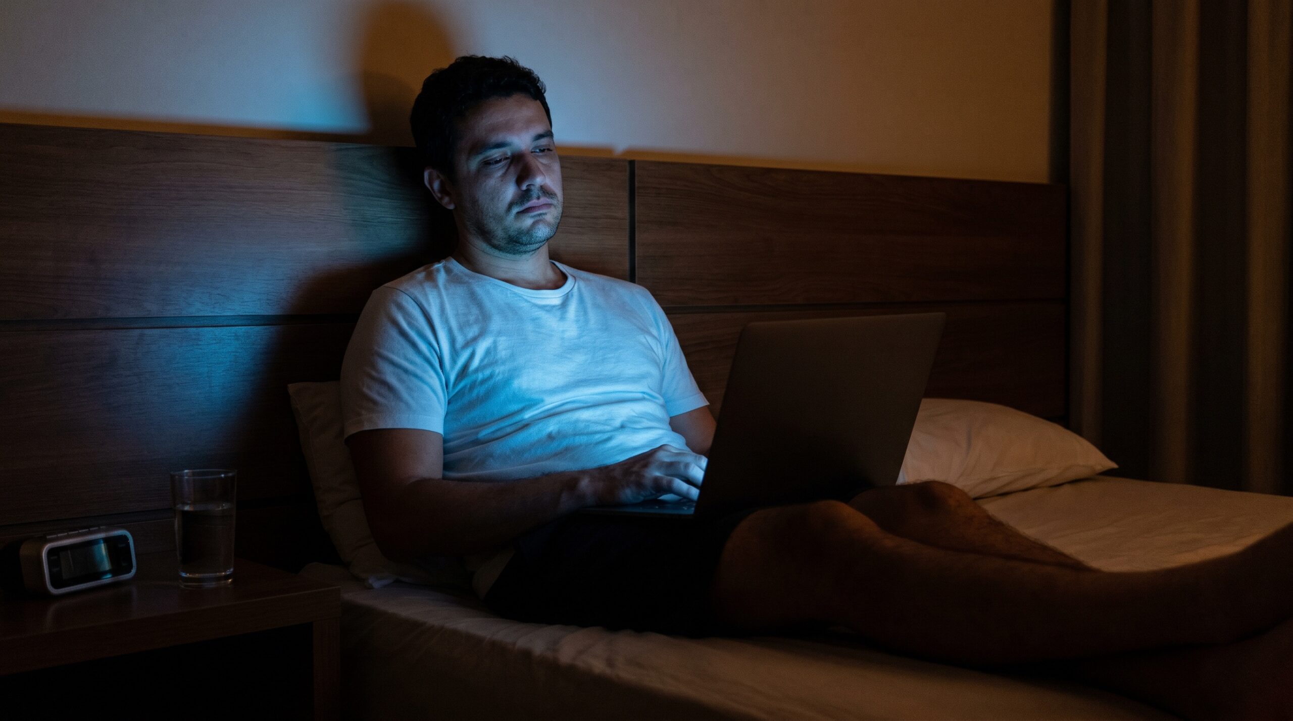 Homem sozinho no quarto escuro iluminado pela tela do notebook — solidão e uso problemático de pornografia