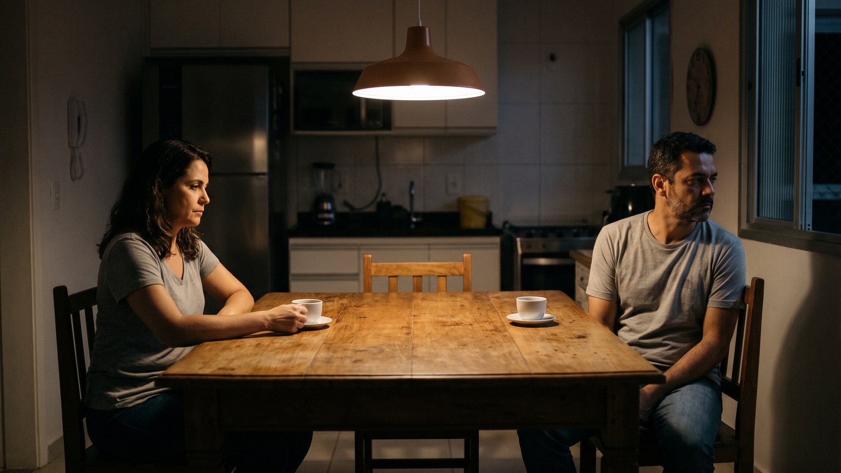 Casal sentado em lados opostos da mesa da cozinha à noite, sem se olhar, durante uma crise no casamento