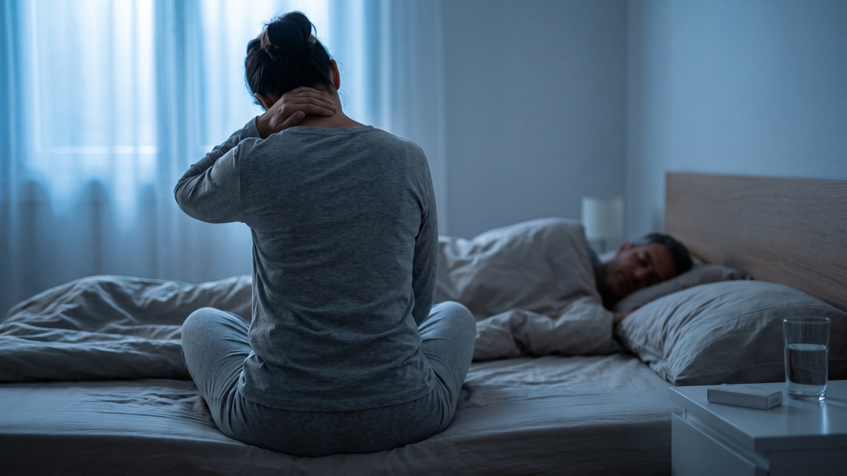 Pessoa sentada na beirada da cama de madrugada sem conseguir dormir ao lado do parceiro