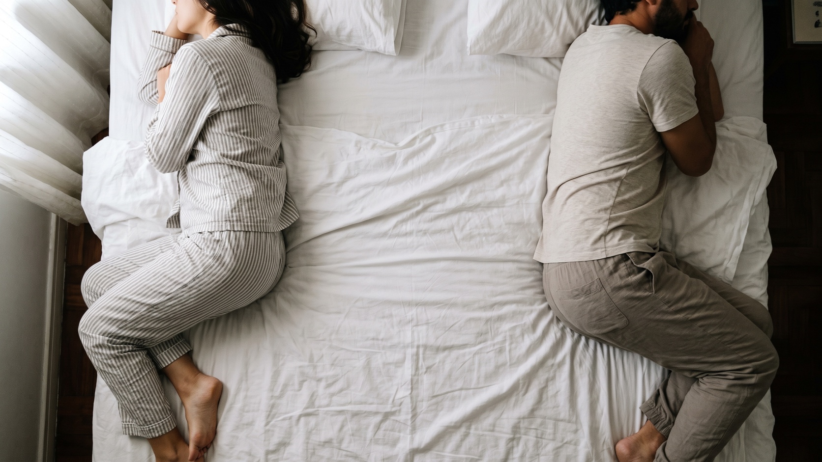 Casal deitado na cama com distância entre os dois, representando afastamento na intimidade